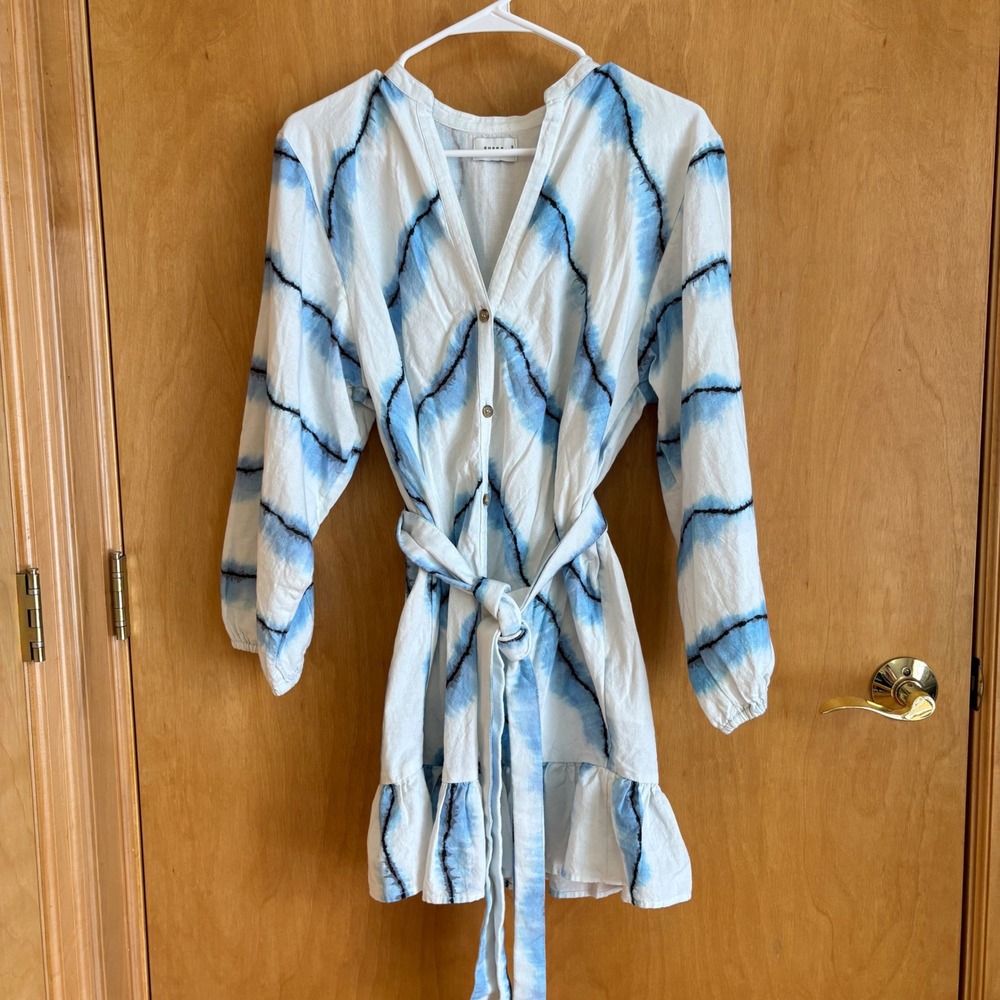 Suboo Blue White Tie Dye Cotton Linen Mini Dress V-Neck Long Sleeve XS‎